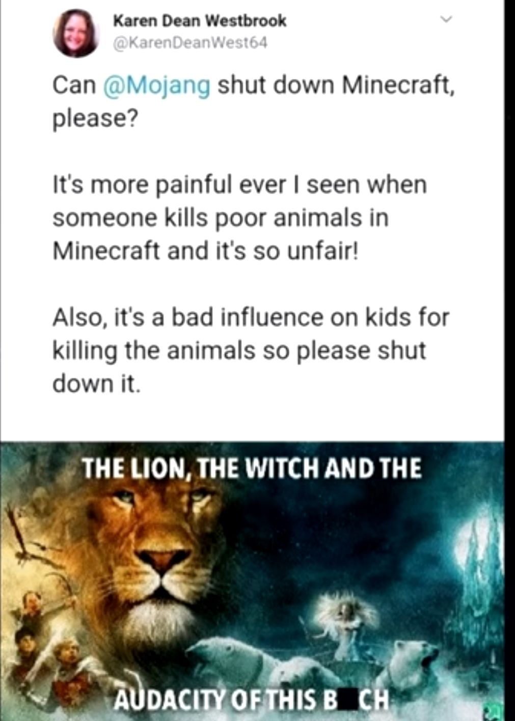 O Karen Dean Westbrook Can Mojang shut down Minecraft please Its more painful ever seen when someone Kills poor animals in Minecraft and its so unfair Also its a bad influence on kids for killing the animals so please shut down it THE LION THE WITCH AND THE g T