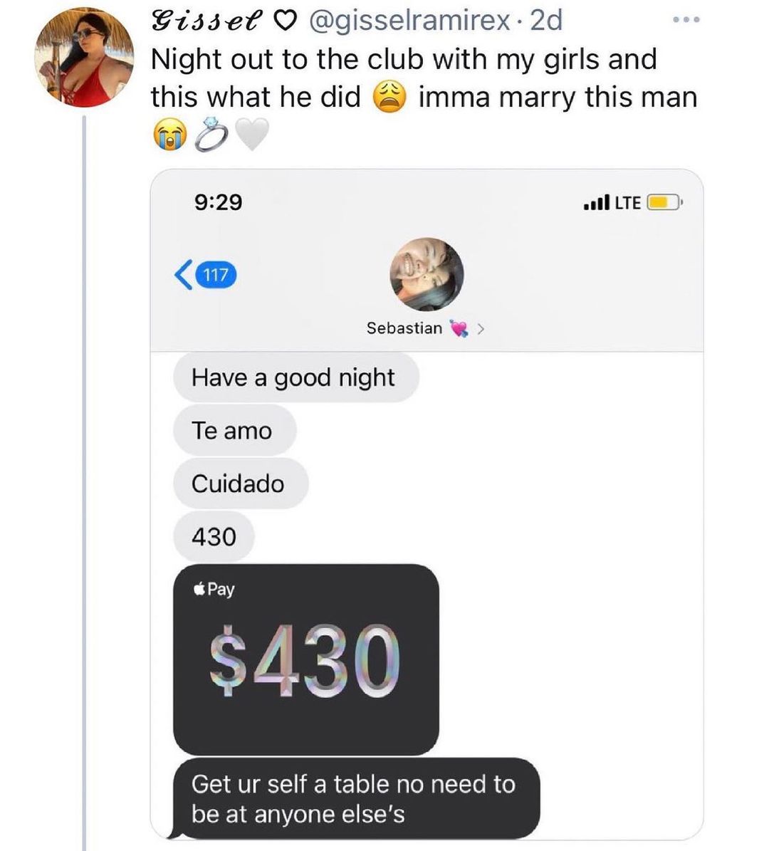 Eis3ef O gisselramirex 2d Night out to the club with my girls and this what he did imma marry this man O 929 all LTE Sebastian Have a good night Te amo Cuidado 430 Get ur self a table no need to be at anyone elses