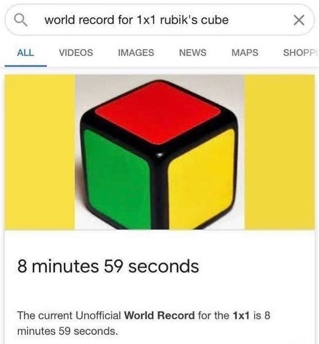 world record for 1x1 rubiks cube X ALL VIDEOS IMAGES NEWS MAPS SHOF 8 minutes 59 seconds The current Unofficial World Record for the 1x1 is 8 minutes 59 seconds