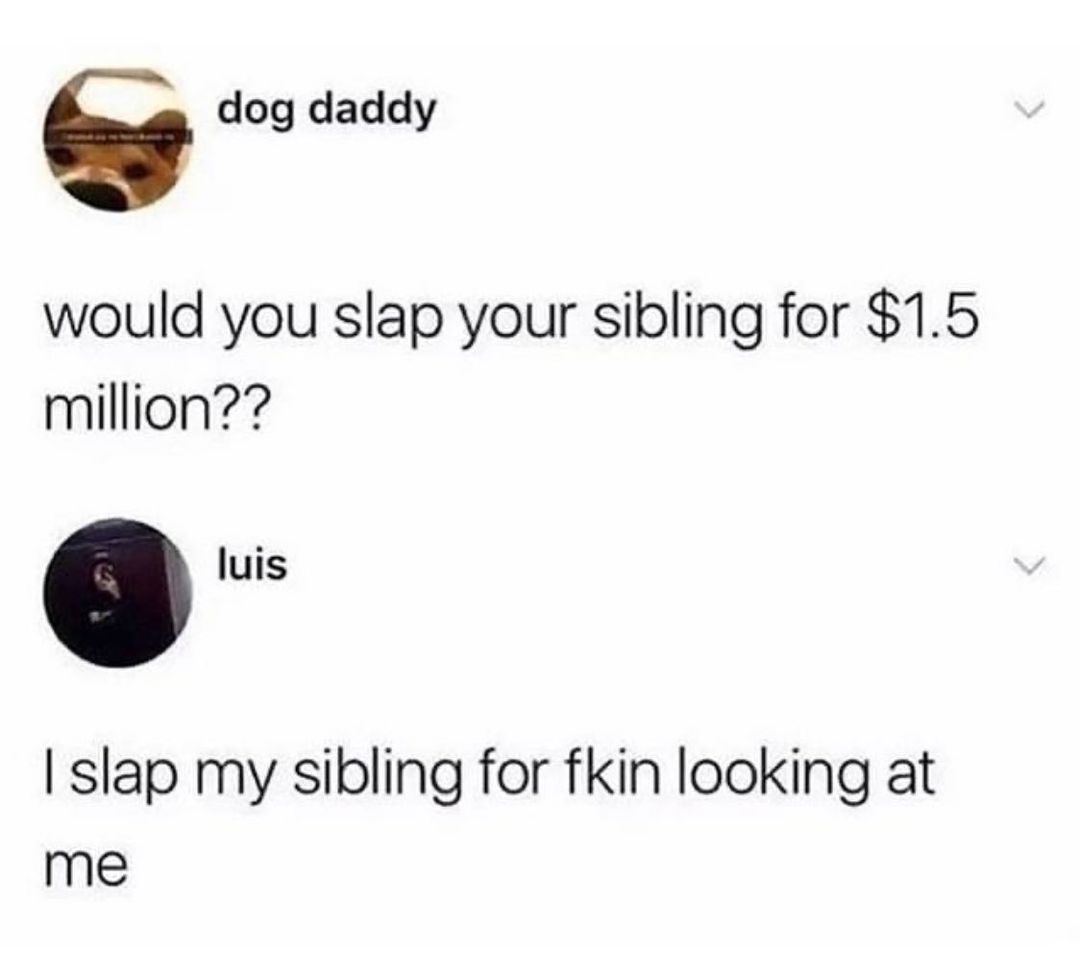 G dog daddy would you slap your sibling for 15 million luis slap my sibling for fkin looking at me