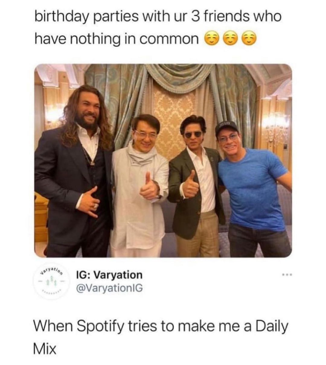 birthday parties with ur 3 friends who have nothing in common G Varyation VaryationlG When Spotify tries to make me a Daily Mix