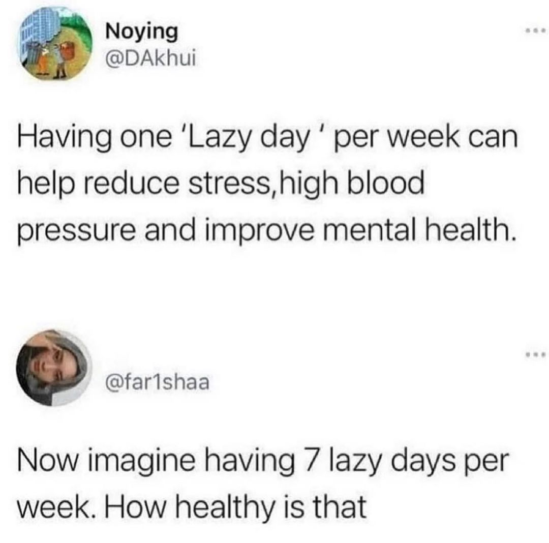 Noying DAKkhui Having one Lazy day per week can help reduce stresshigh blood pressure and improve mental health farishaa Now imagine having 7 lazy days per week How healthy is that