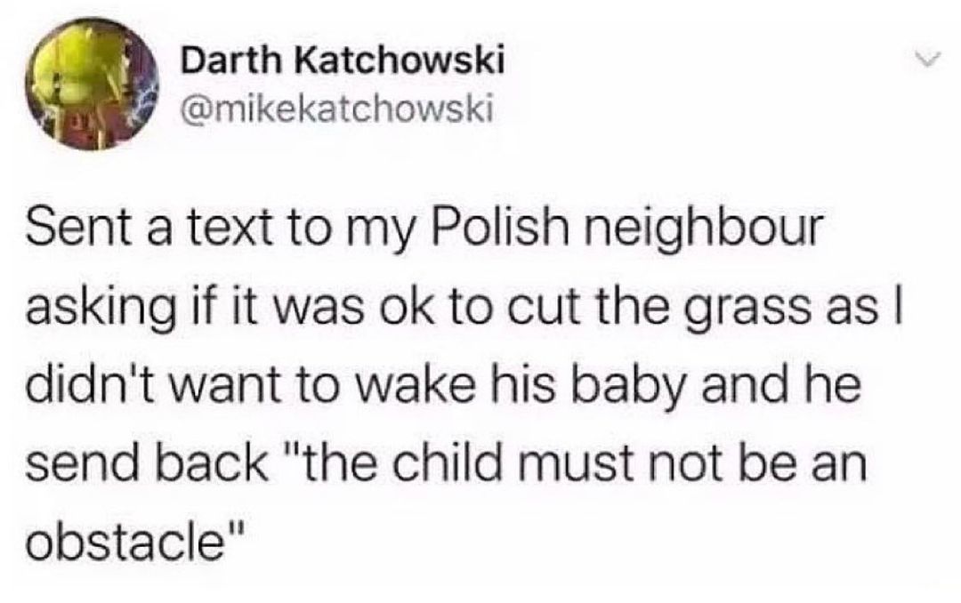 Darth Katchowski mikekatchowski Sent a text to my Polish neighbour asking if it was ok to cut the grass as didnt want to wake his baby and he send back the child must not be an obstacle