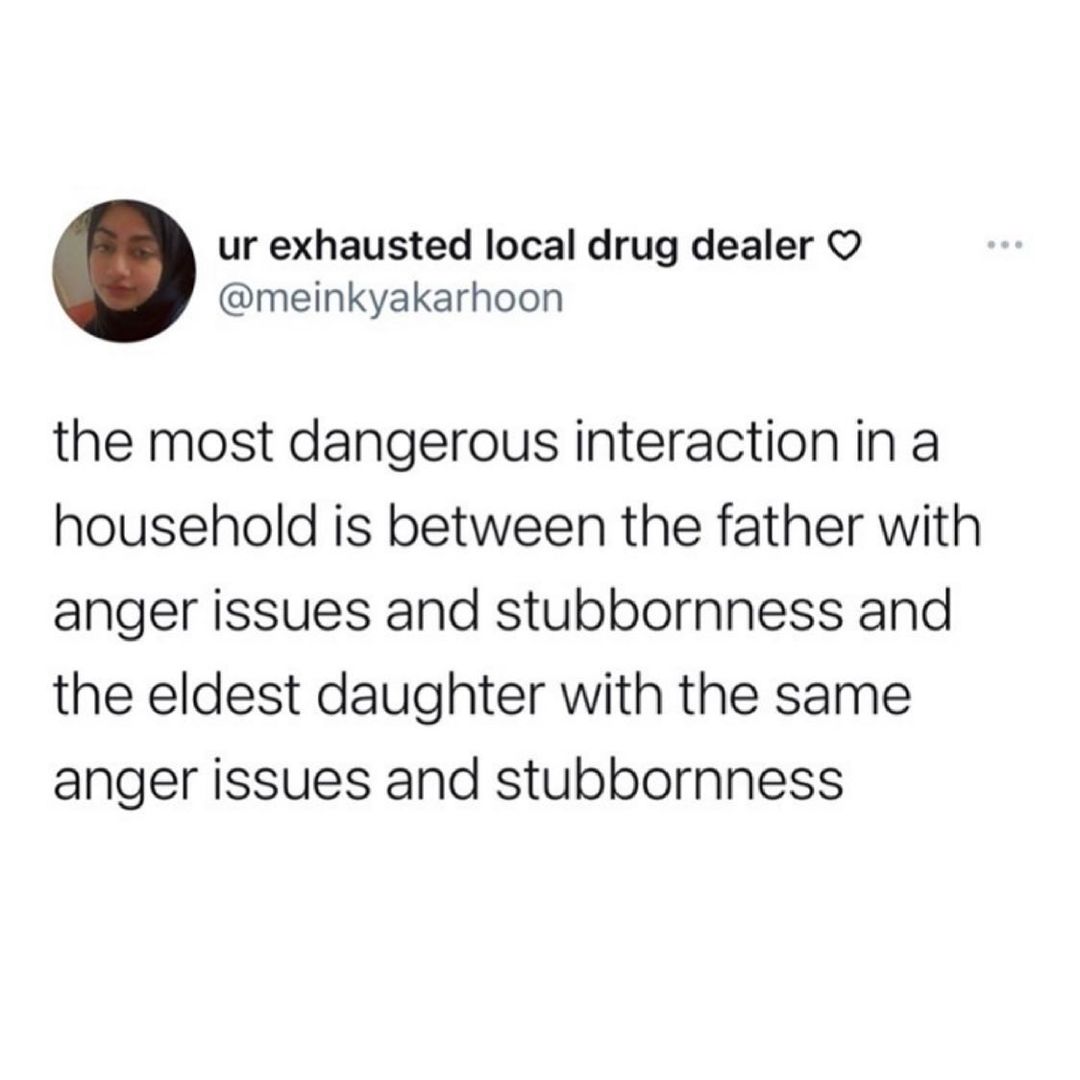 ur exhausted local drug dealer meinkyakarhoon the most dangerous interaction in a household is between the father with anger issues and stubbornness and the eldest daughter with the same anger issues and stubbornness