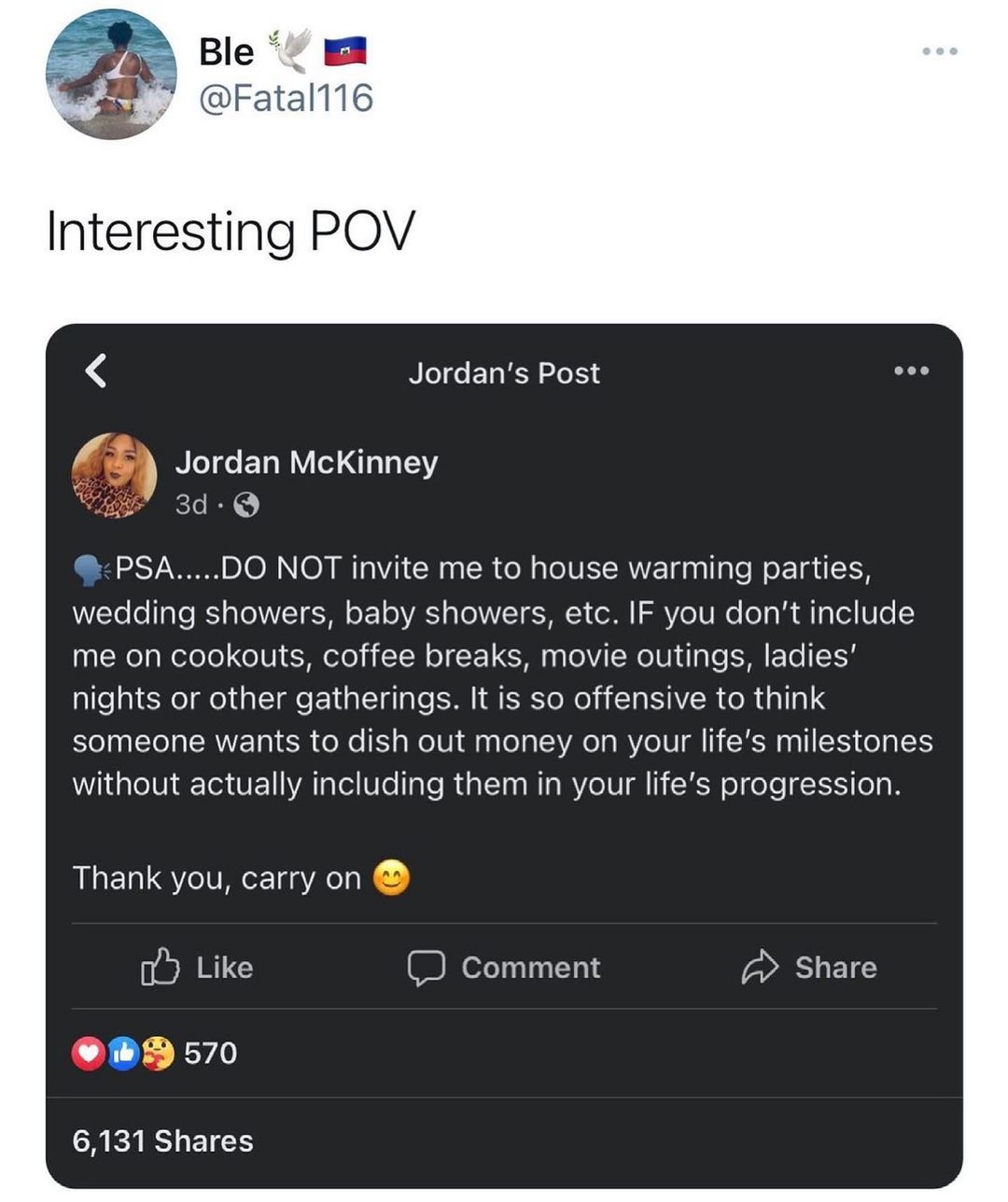 i Ble X Fatal116 Interesting POV Jordans Post 5 NLeTde ETa WY T 3 TEY g 3d Q PSADO NOT invite me to house warming parties Yoo TaTe a o WVITETN o 1 o VAR a TN IVT S Y ol S o TU o g i g o1 0 me on cookouts coffee breaks movie outings ladies nights or other gatherings It is so offensive to think someone wants to dish out money on your lifes milestones WidalelVi T UE VA aTel WTe Tale R aToa MIs MY 1 i