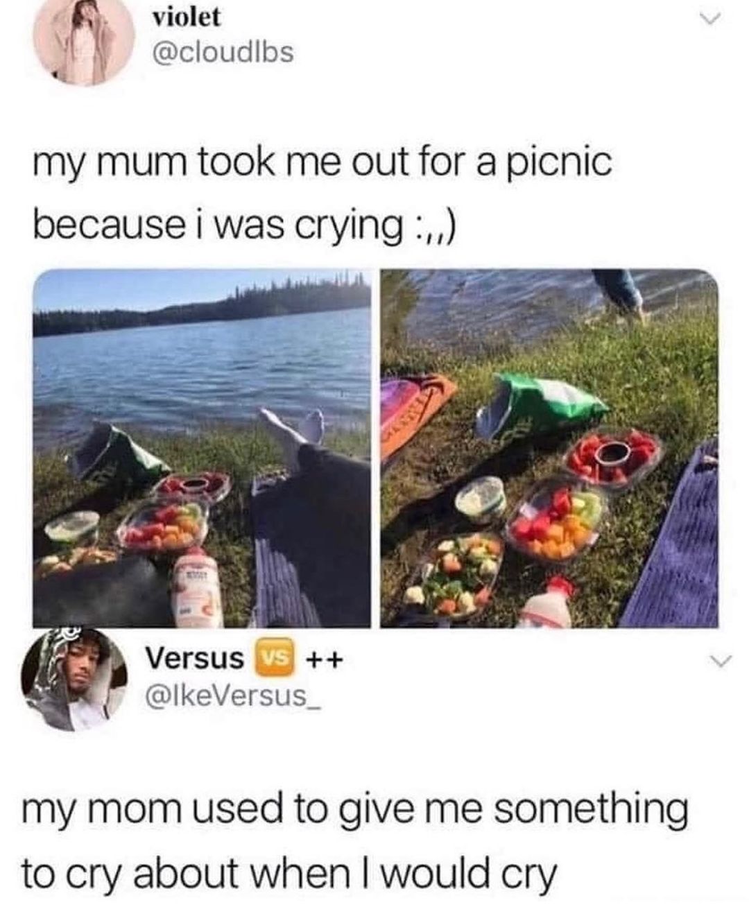 violet i cloudlbs my mum took me out for a picnic because i was crying Versus lkeVersus_ my mom used to give me something to cry about when would cry