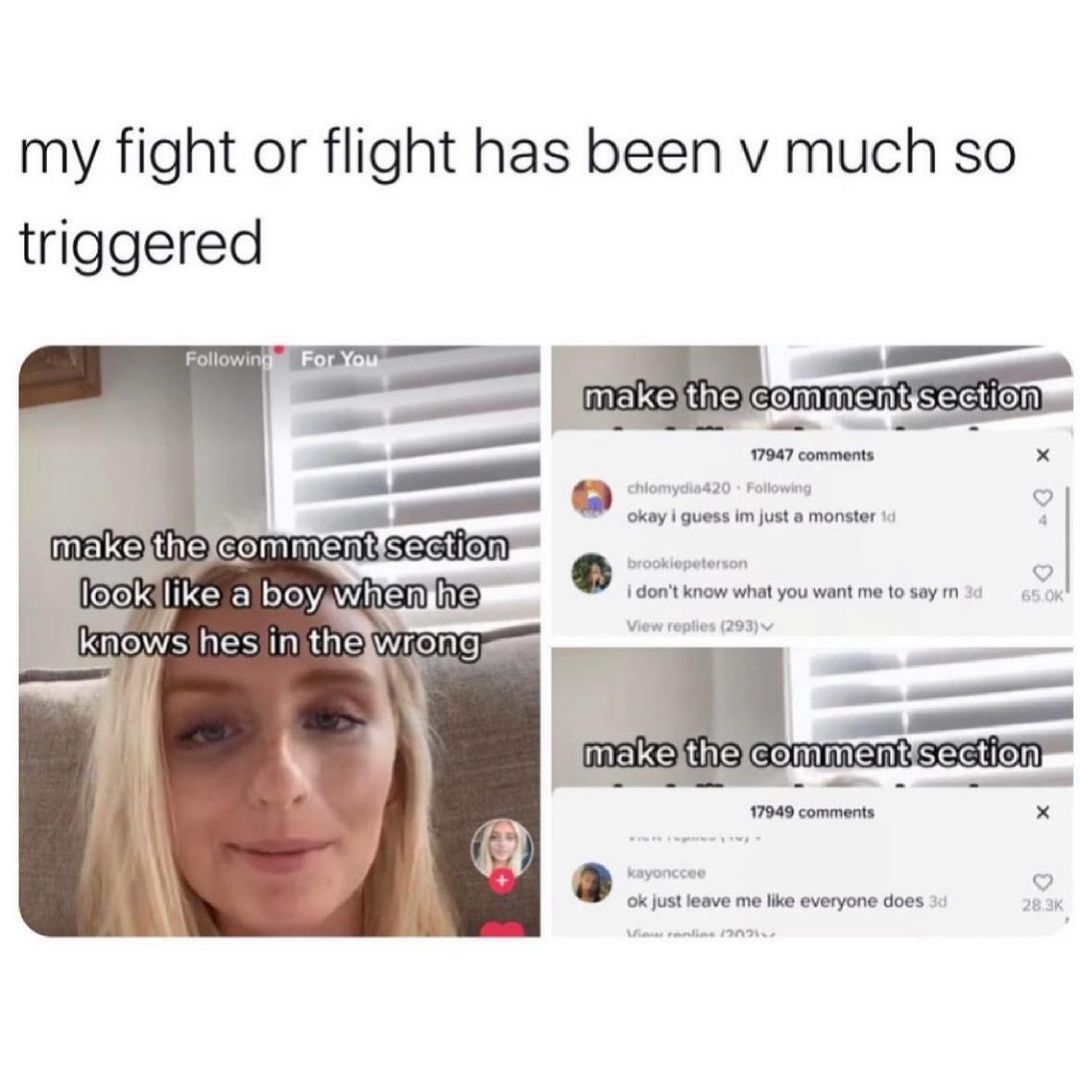 my fight or flight has been v much so triggered chiomydiad20 Following o okay guess im just a monster 1d 4 brookiepeterson dont know what you want me 1o say m View replies 293v ayonce ok just leave me like everyone does 3o 28 3K
