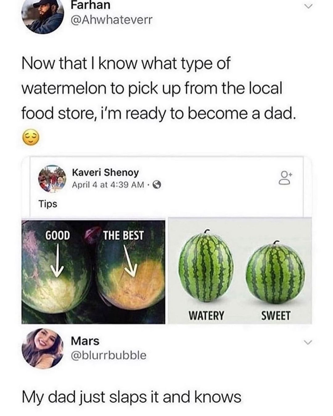 Farhan Ahwhateverr Now that know what type of watermelon to pick up from the local food store im ready to become a dad b Kaveri Shenoy O April 4 at 439 AM o Tips 600D THE BEST Mars blurrbubble My dad just slaps it and knows g A WATERY SWEET