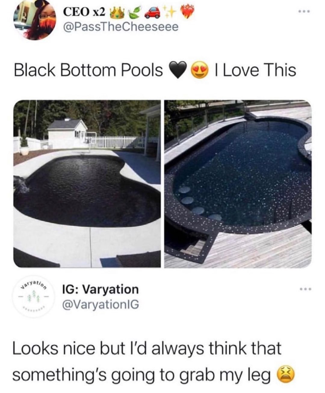 g CEOX2 4 PassTheCheeseee Black Bottom Pools Love This IG Varyation VaryationlG Looks nice but Id always think that somethings going to grab my leg