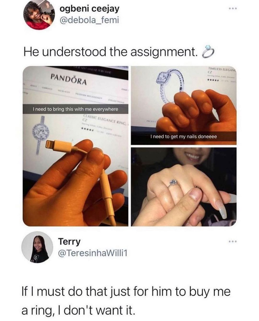ogbeni ceejay ey debola_femi N He understood the assignment L PANDOR A need to bring this with me everywhere I need to get my nails doneeee Terry TeresinhaWilli1 If must do that just for him to buy me aring dont want it