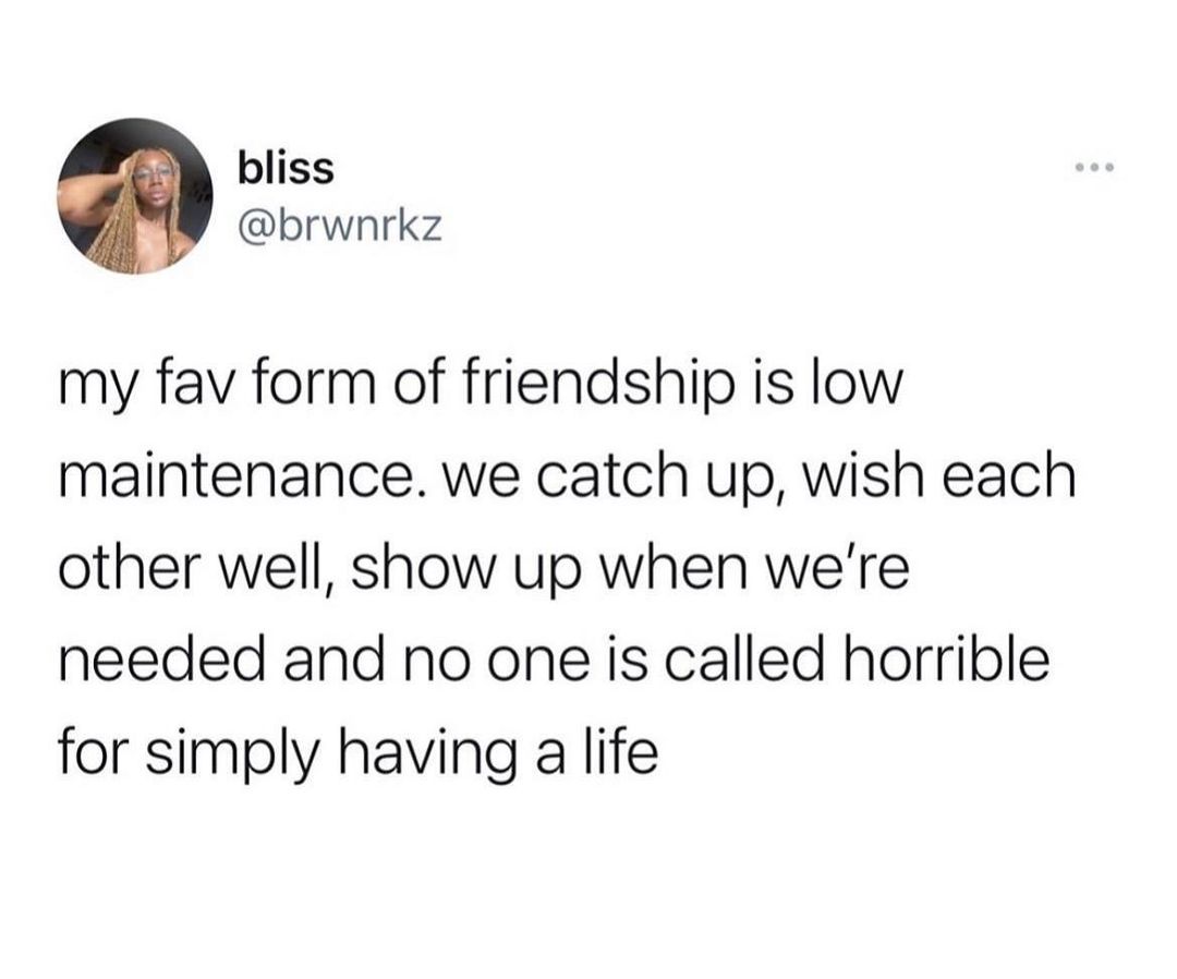 bliss brwnrkz my fav form of friendship is low maintenance we catch up wish each other well show up when were needed and no one is called horrible for simply having a life