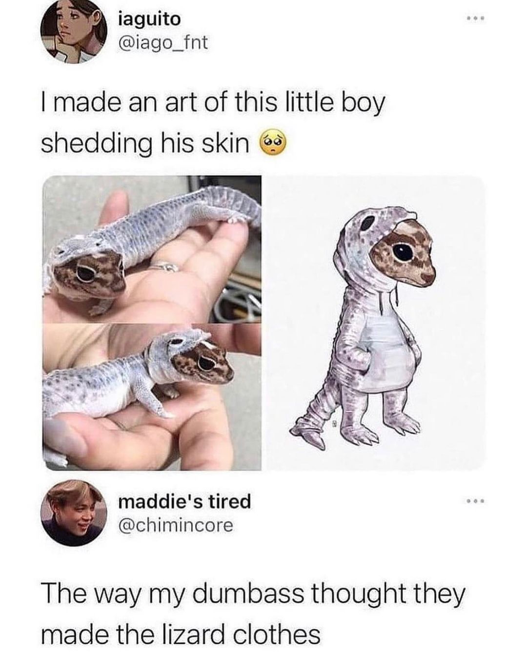 iaguito iago_fnt made an art of this little boy shedding his skin 2 maddies tired chimincore The way my dumbass thought they made the lizard clothes