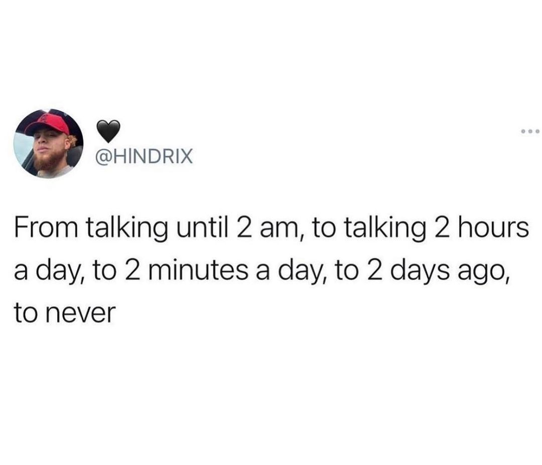 HINDRIX From talking until 2 am to talking 2 hours a day to 2 minutes a day to 2 days ago to never