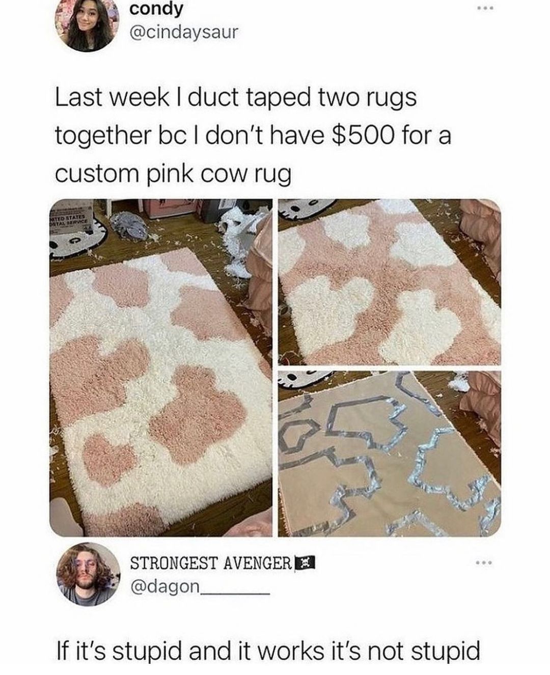 Last week duct taped two rugs together bc dont have 500 for a custom pink cow rug L STRONGEST AVENGER EA dagon_____ If its stupid and it works its not stupid