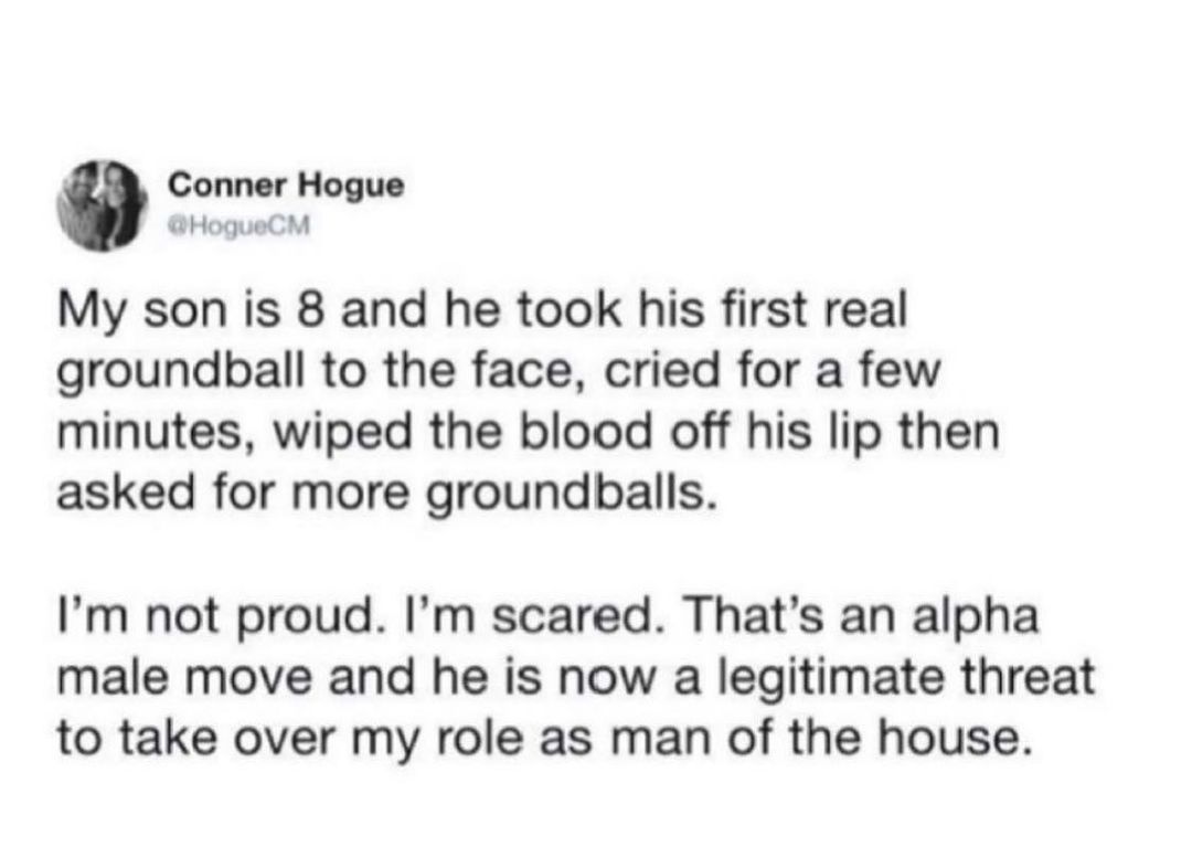 Conner Hogue HogueCM My son is 8 and he took his first real groundball to the face cried for a few minutes wiped the blood off his lip then asked for more groundballs Im not proud Im scared Thats an alpha male move and he is now a legitimate threat to take over my role as man of the house