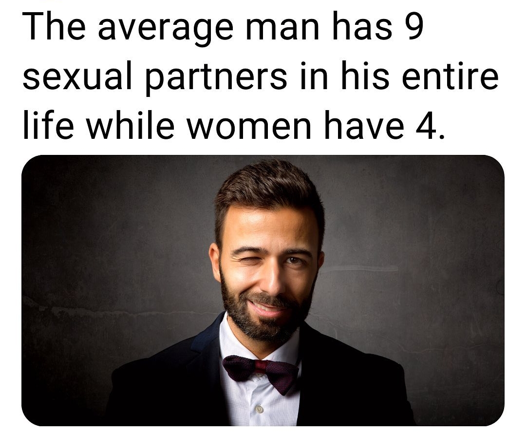 The average man has 9 sexual partners in his entire life while women have 4