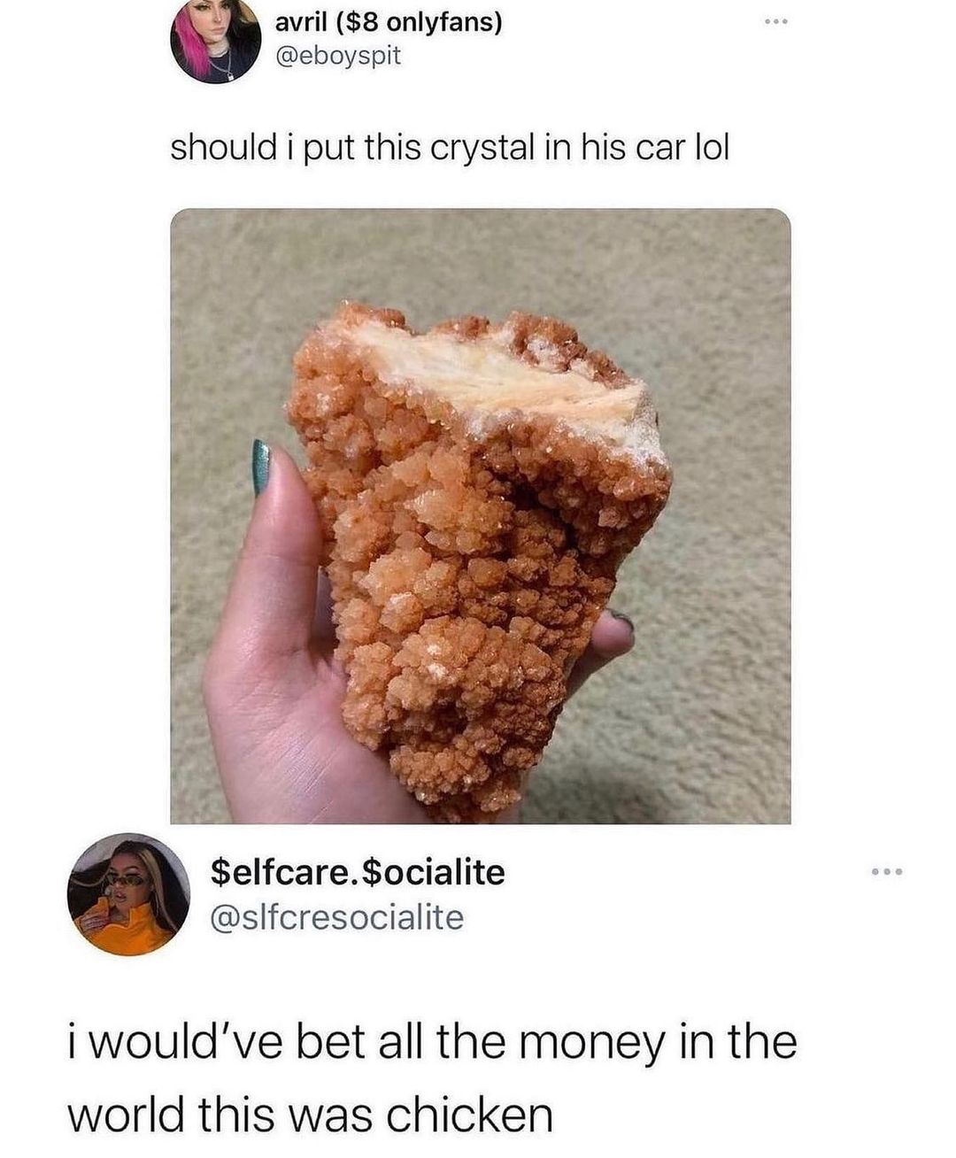 avril 8 onlyfans eboyspit should i put this crystal in his car lol elfcareocialite slfcresocialite i wouldve bet all the money in the world this was chicken