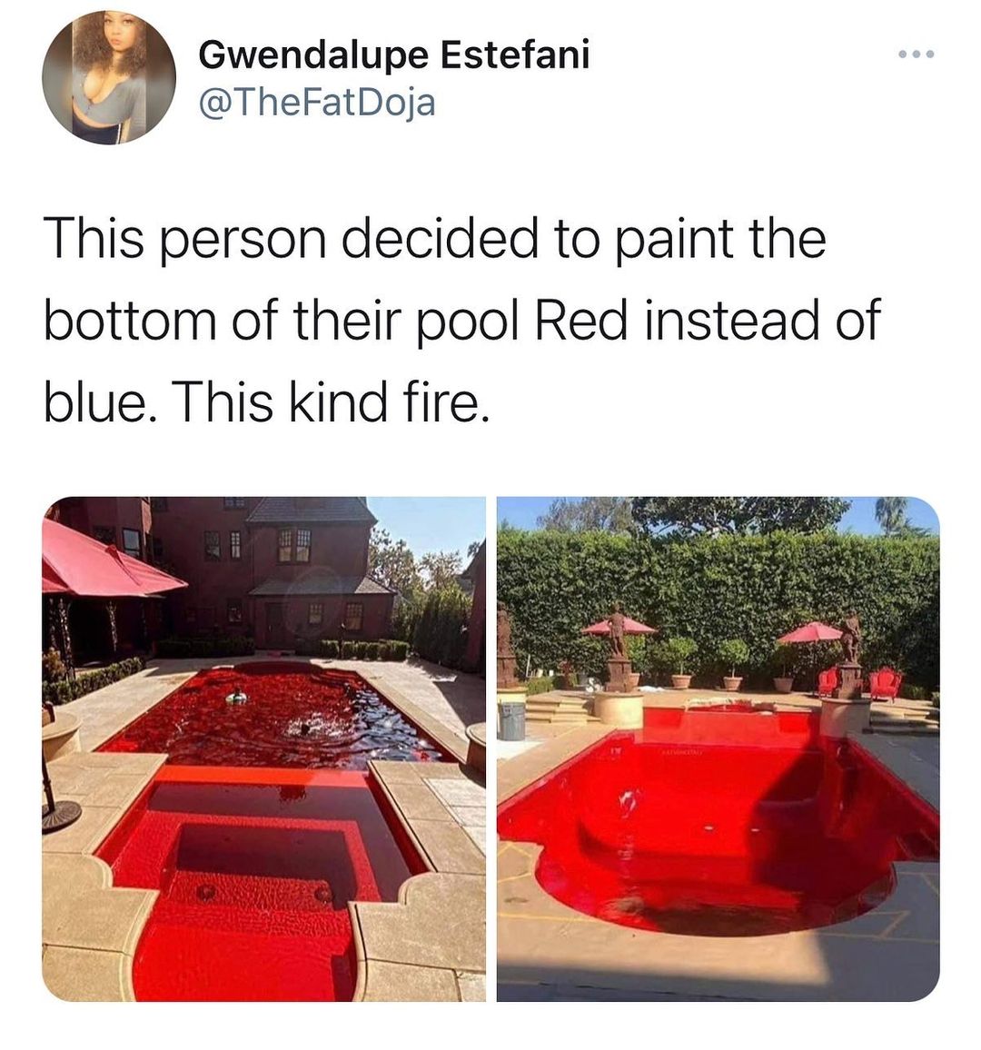 Gwendalupe Estefani L TheFatDoja This person decided to paint the bottom of their pool Red instead of blue This kind fire