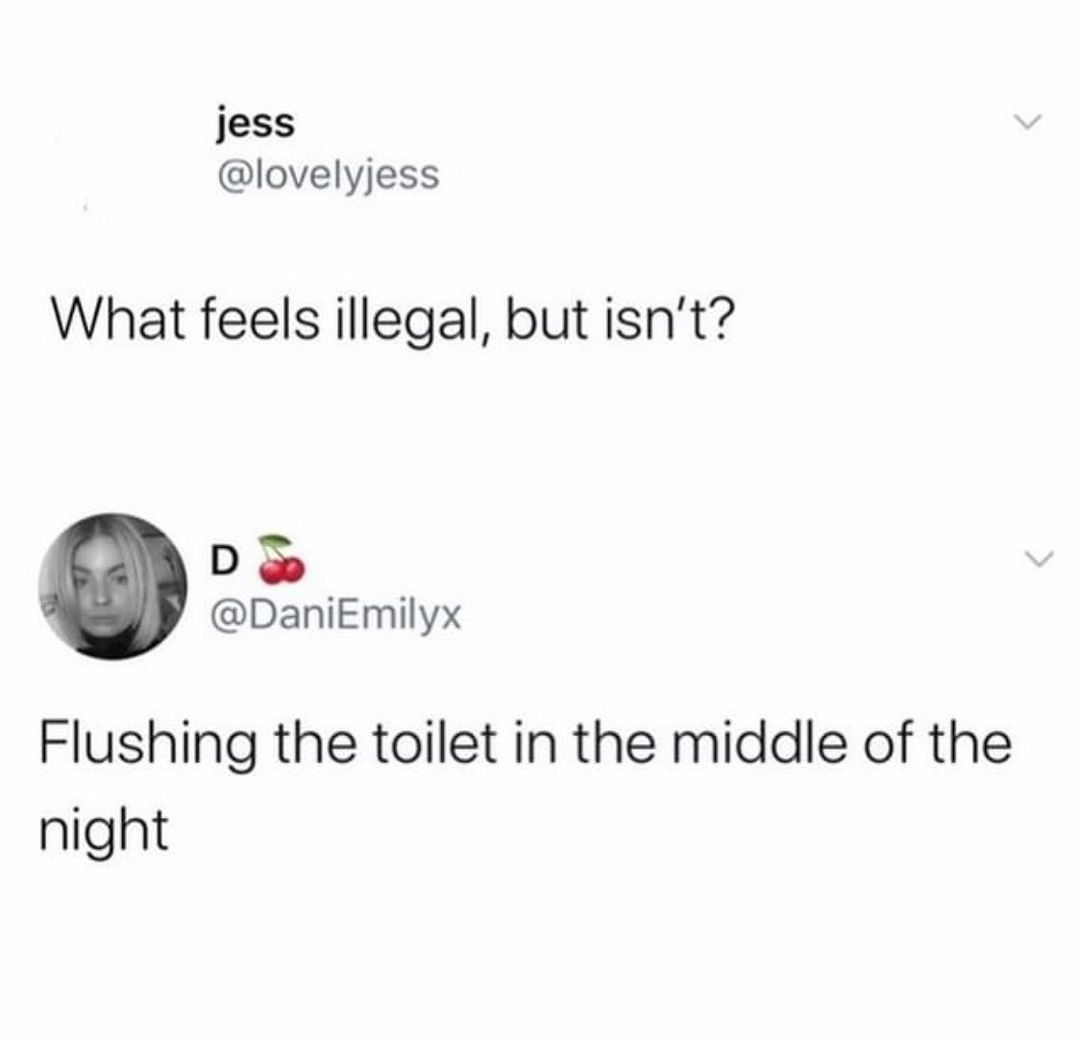 jess lovelyjess What feels illegal but isnt D DaniEmilyx Flushing the toilet in the middle of the night