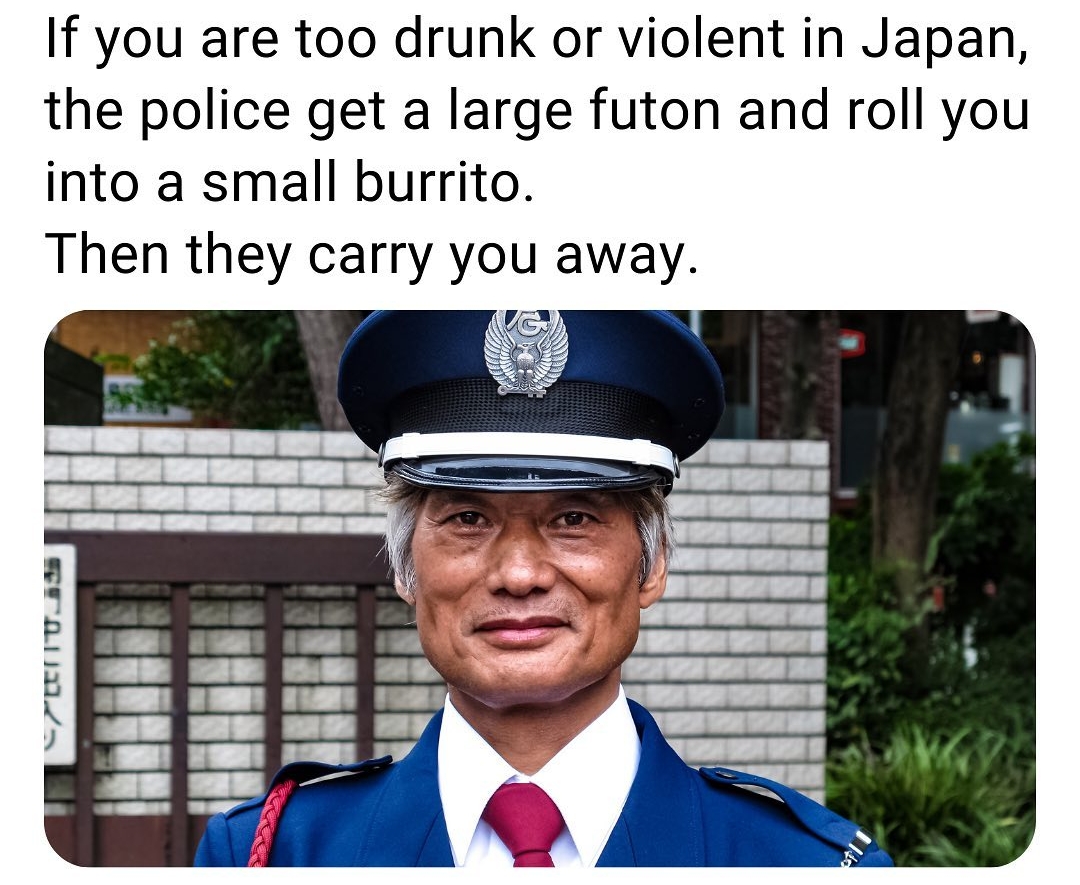 If you are too drunk or violent in Japan the police get a large futon and roll you into a small burrito Then they carry you away a b P B