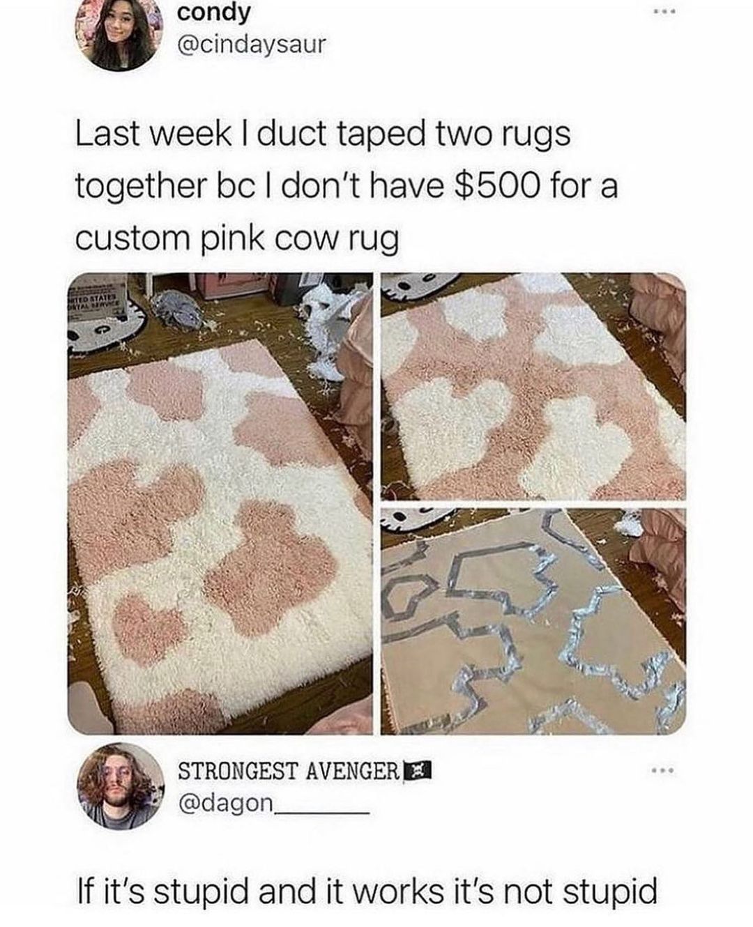 5 2 condy v cindaysaur Last week duct taped two rugs together bc dont have 500 for a custom pink cow rug 1 STRONGEST AVENGER EA P dagon If its stupid and it works its not stupid