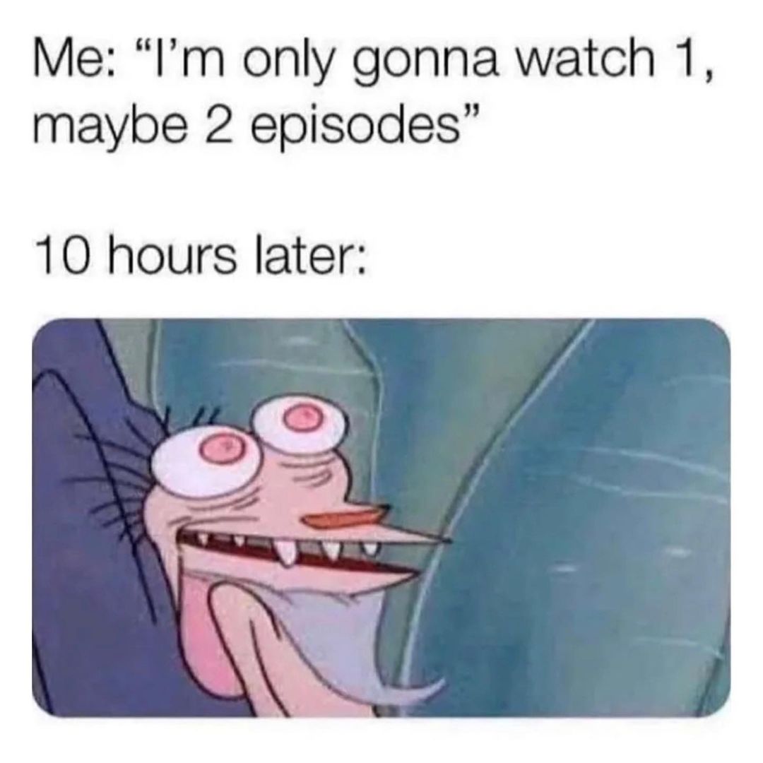 Me Im only gonna watch 1 maybe 2 episodes 10 hours later