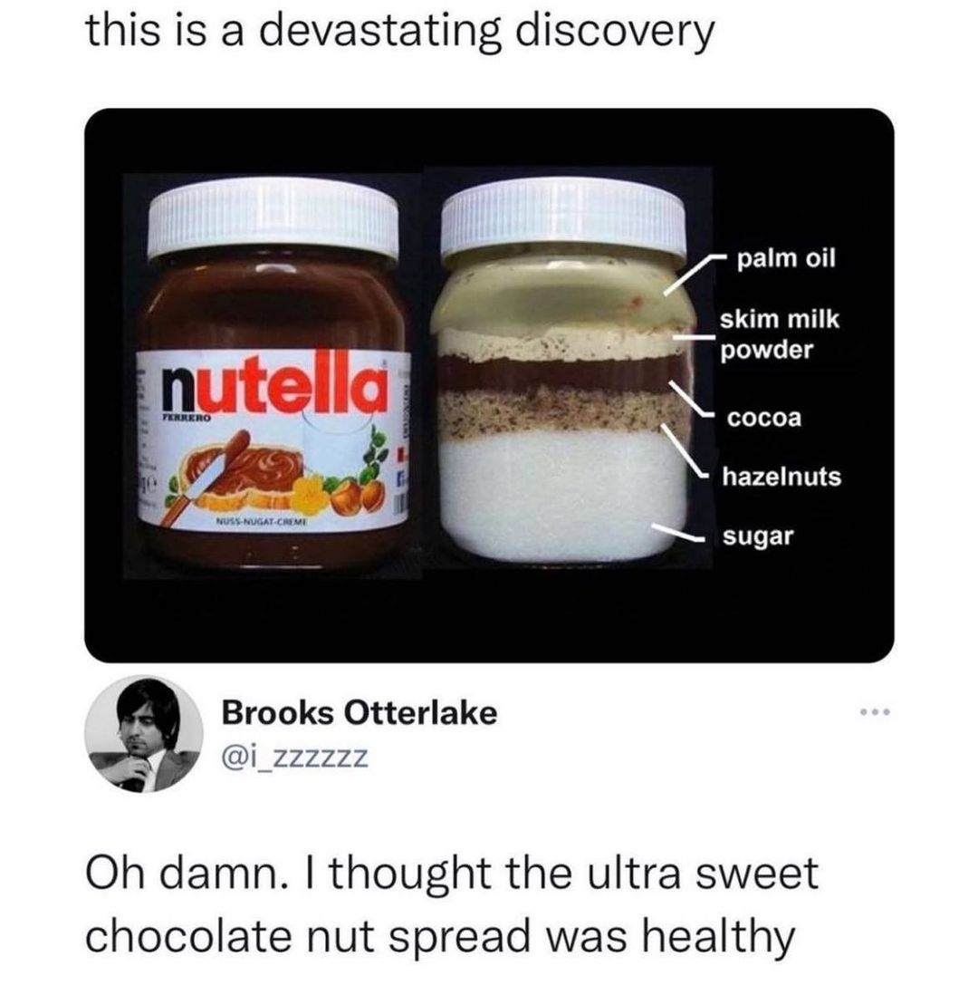 this is a devastating discovery palm oil skim milk powder cocoa GEFZI LT sugar Brooks Otterlake i_zzzzzz Oh damn thought the ultra sweet chocolate nut spread was healthy