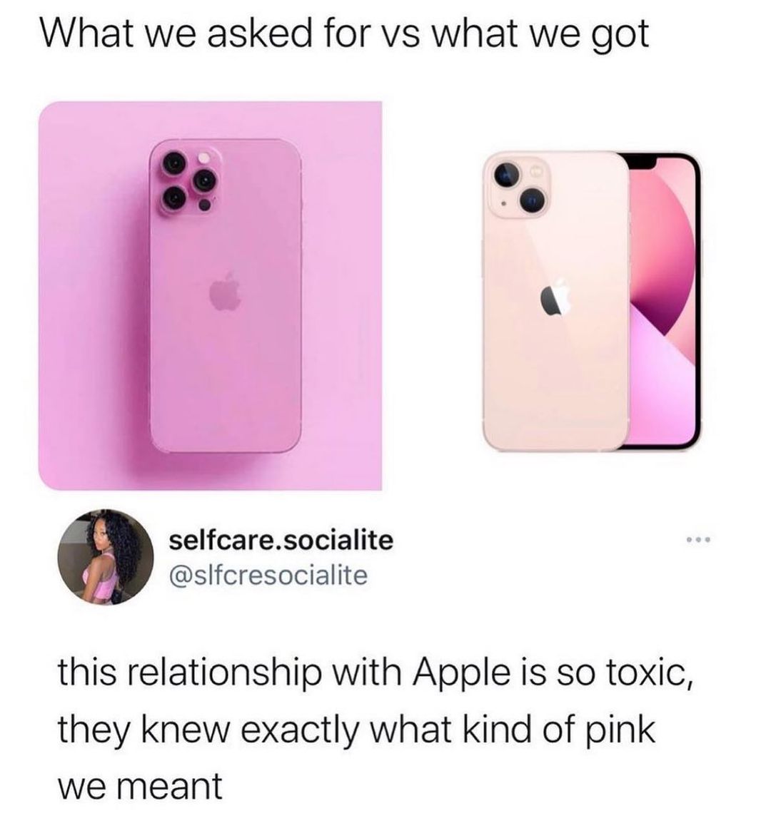 What we asked for vs what we got selfcaresocialite slfcresocialite this relationship with Apple is so toxic they knew exactly what kind of pink we meant