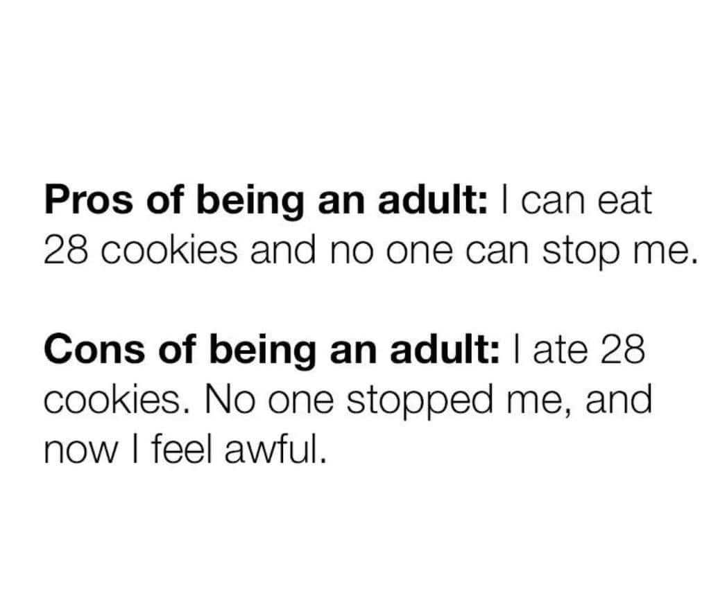 Pros of being an adult can eat 28 cookies and no one can stop me Cons of being an adult ate 28 cookies No one stopped me and now feel awful