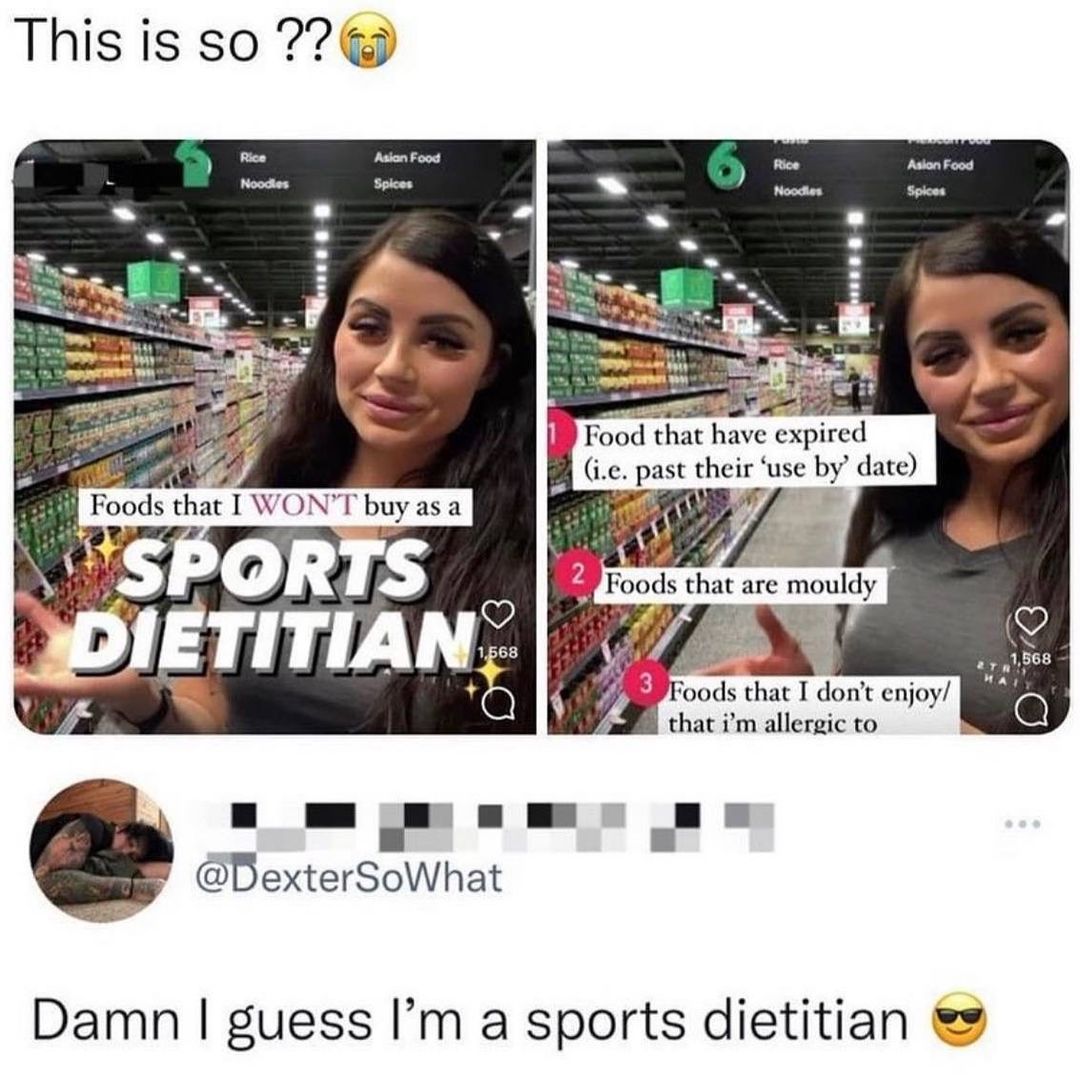 This is so 776 A 4 il Foods that I WONT buy as a o s OR s i tharareTOUIdy ETITIANG 74 t s Foods that T dont enjoy that im allergic to H u 5 DexterSoWhat Damn guess Im a sports dietitian