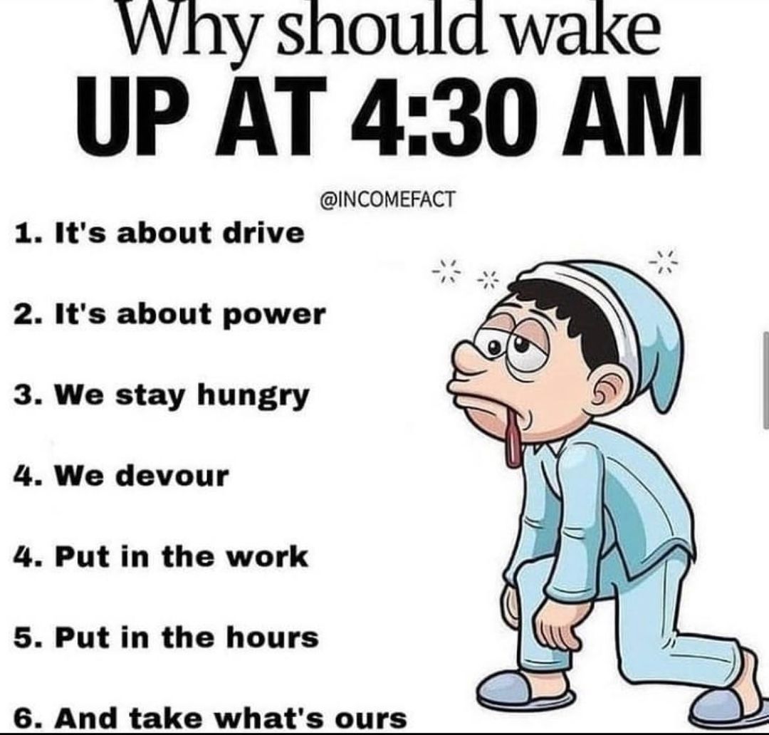 Why should wake UP AT 430 AM INCOMEFACT 1 Its about drive 2 Its about power 3 We stay hungry 4 We devour 4 Put in the work 5 Put in the hours 6 And take whats ours