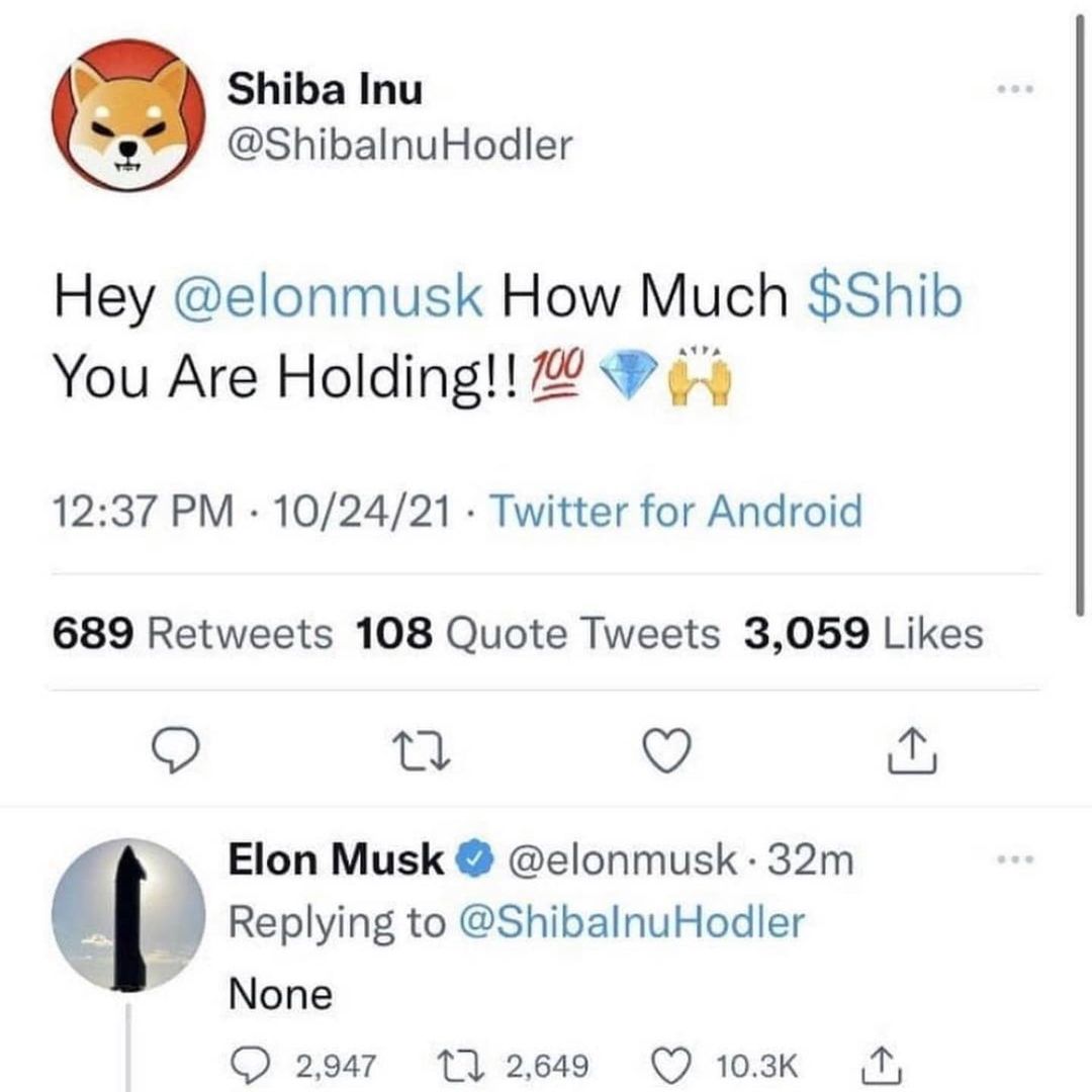 Shiba Inu ShibalnuHodler Hey elonmusk How Much Shib You Are Holding 7 1237 PM 102421 Twitter for Android 689 Retweets 108 Quote Tweets 3059 Likes O o Q y Elon Musk elonmusk 32m Replying to ShibalnuHodler None C 2941 112648 O 108k O