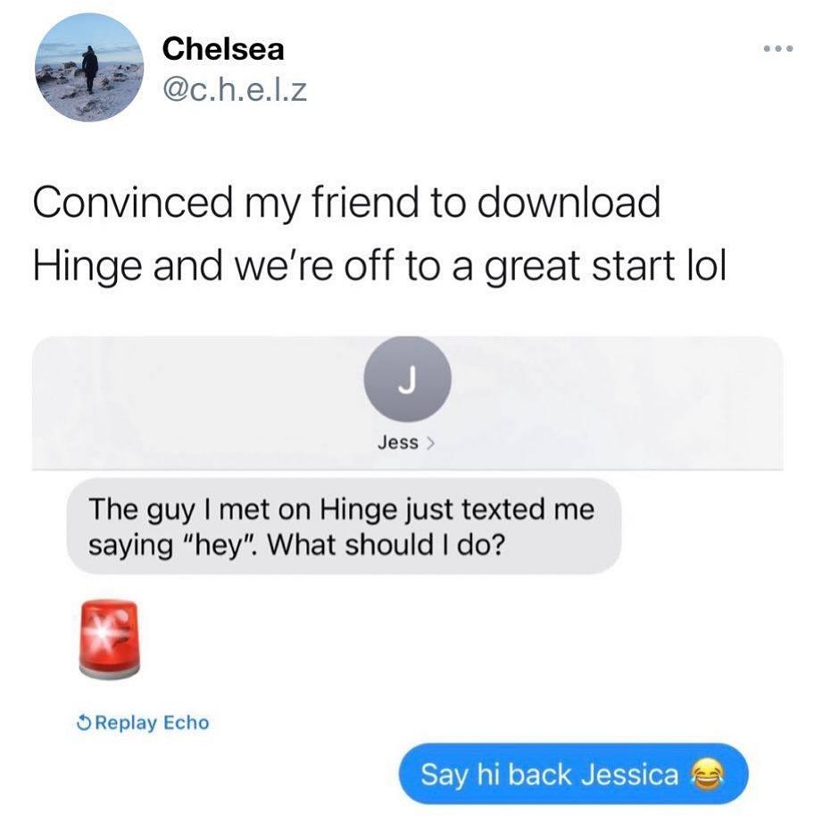 Chelsea chelz Convinced my friend to download Hinge and were off to a great start lol Jess The guy met on Hinge just texted me saying hey What should do OReplay Echo Say hi back Jessica