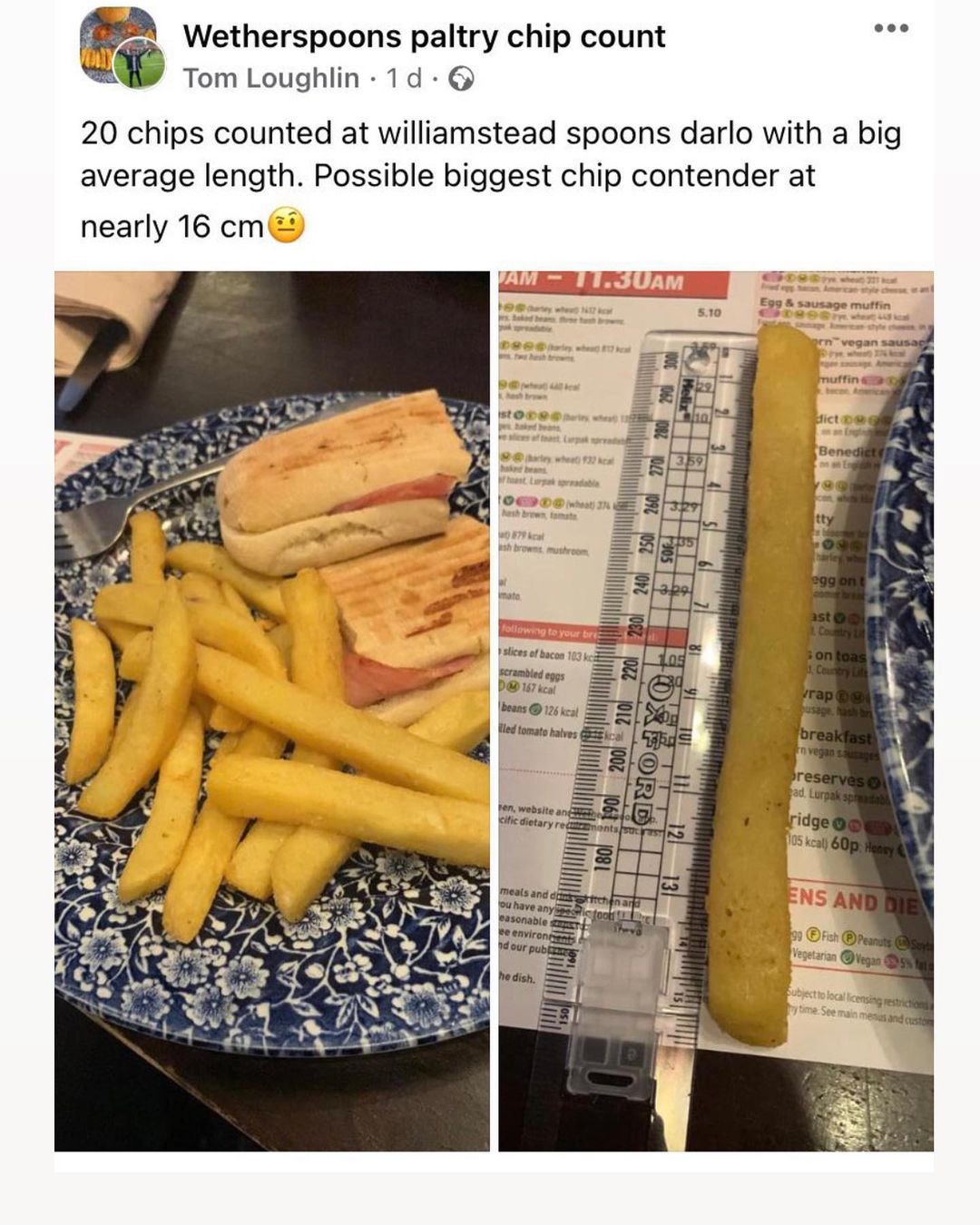 M Wetherspoons paltry chip count M Tom Loughlin 1d 20 chips counted at williamstead spoons darlo with a big average length Possible biggest chip contender at nearly 16 cm