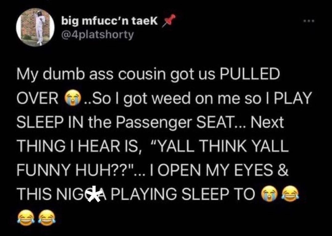 big mfuccn taeK 4platshorty My dumb ass cousin got us PULLED OVER So got weed on me so PLAY SLEEP IN the Passenger SEAT Next THING HEAR IS YALL THINK YALL FUNNY HUH OPEN MY EYES L SNEl NWNTNERSIRhyoX 22