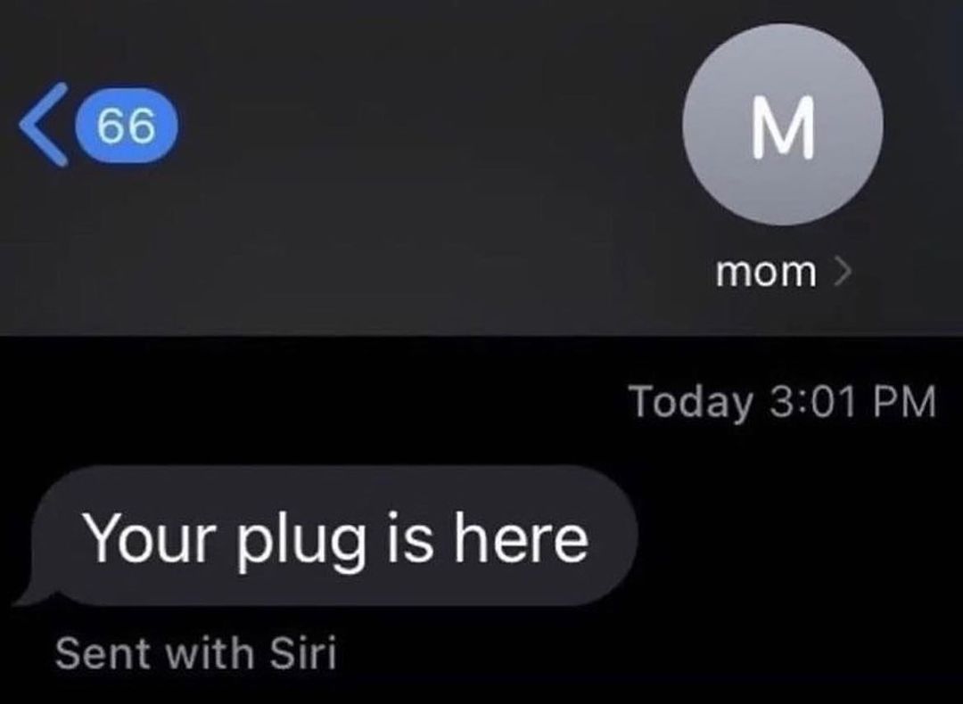 mom Rl EVACH NN Your plug is here Sent with Siri