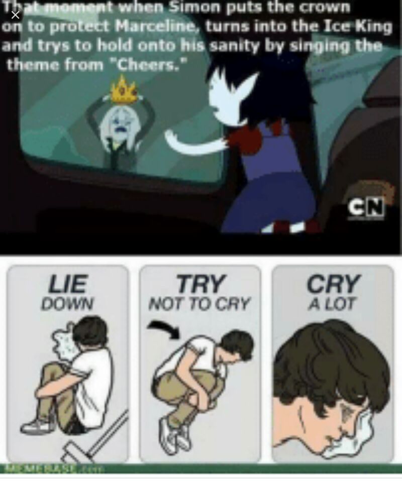o Mhen Simon puts the crown on to Marceliie turns into the Ice King and trys to hold onto his sanity by singing the theme from Cheers 4 TRY CRY T TO CRY ALOT