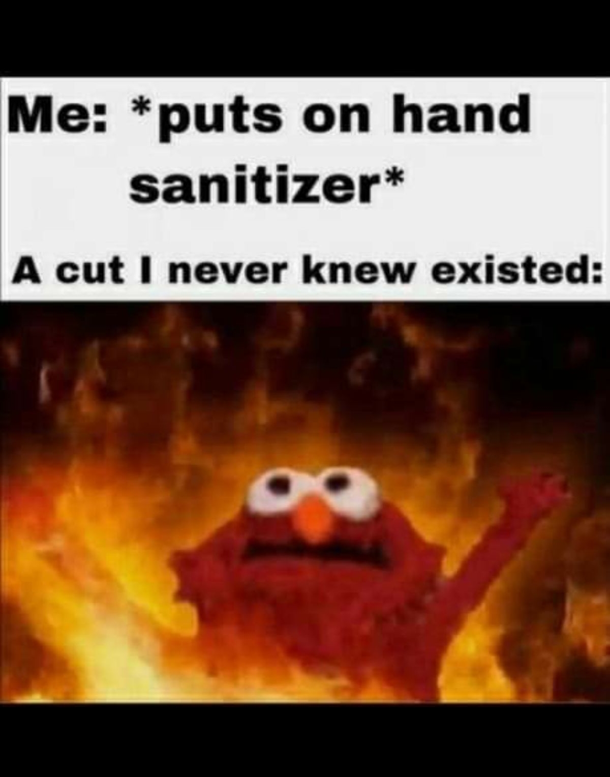 Me puts on hand sanitizer A cut never knew existed