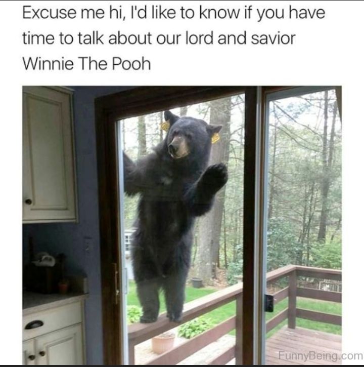 Excuse me hi Id like to know if you have time to talk about our lord and savior Winnie The Pooh