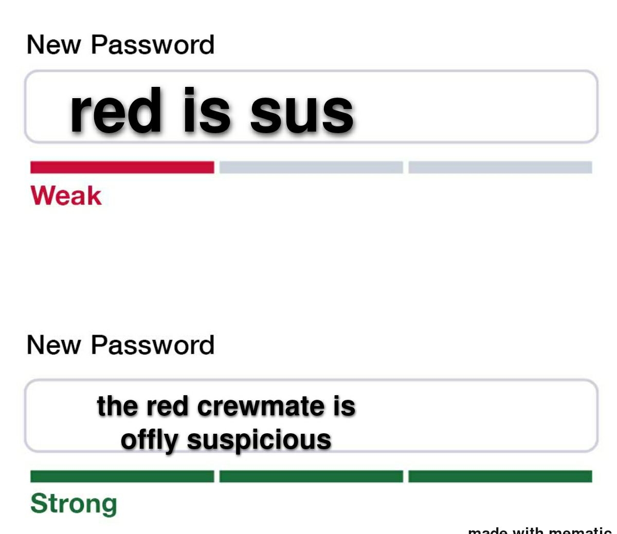 New Password red is sus Weak New Password the red crewmate is offly suspicious _m a0 Strong mamerdea warzitle masnmeatia