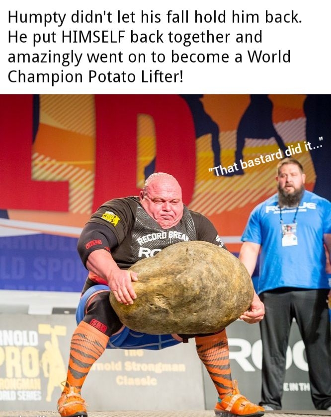 Humpty didnt let his fall hold him back He put HIMSELF back together and amazingly went on to become a World Champion Potato Lifter