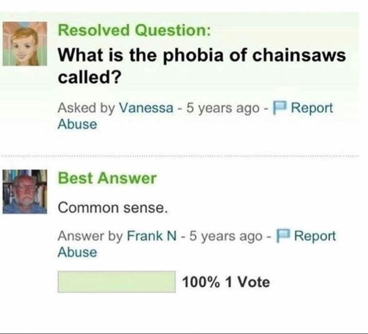 Resolved Question What is the phobia of chainsaws called Asked by Vanessa 5 years ago Report Abuse Best Answer Common sense Answer by Frank N 5 years ago Report Abuse 100 1 Vote