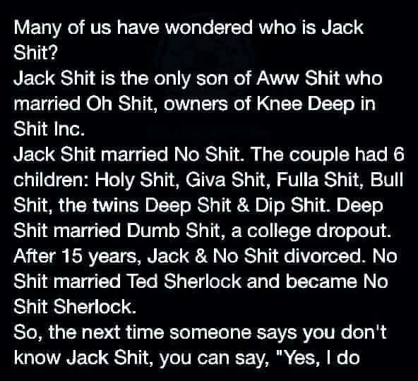 V ET0 RO TN VR o g To ST BRIV To N N el 4 Shit Jack Shit is the only son of Aww Shit who married Oh Shit owners of Knee Deep in Shit Inc NETolSTaTi 1 g TTo WAV oRST o1 A I ol TV o S E Ta M for g1 To Ty Wl o WA o T MK CTIVE RS o T M SV RS Ty 0 Shit the twins Deep Shit Dip Shit Deep Shit married Dumb Shit a college dropout After 15 years Jack No Shit divorced No Shit married Ted Sherlock and became 