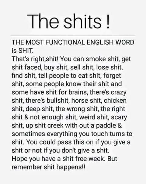 The shits THE MOST FUNCTIONAL ENGLISH WORD is SHIT Thats rightshit You can smoke shit get shit faced buy shit sell shit lose shit find shit tell people to eat shit forget shit some people know their shit and some have shit for brains theres crazy shit theres bullshit horse shit chicken shit deep shit the wrong shit the right shit not enough shit weird shit scary shit up shit creek with out a paddl