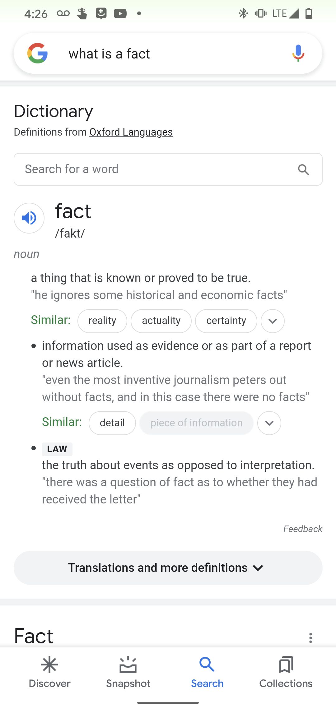 426 0 o v LTEA O G what is a fact Y Dictionary Definitions from Oxford Languages Search for a word Q o fact fakt noun a thing that is known or proved to be true he ignores some historical and economic facts Similar reality actuality certainty v information used as evidence or as part of a report or news article even the most inventive journalism peters out without facts and in this case there were