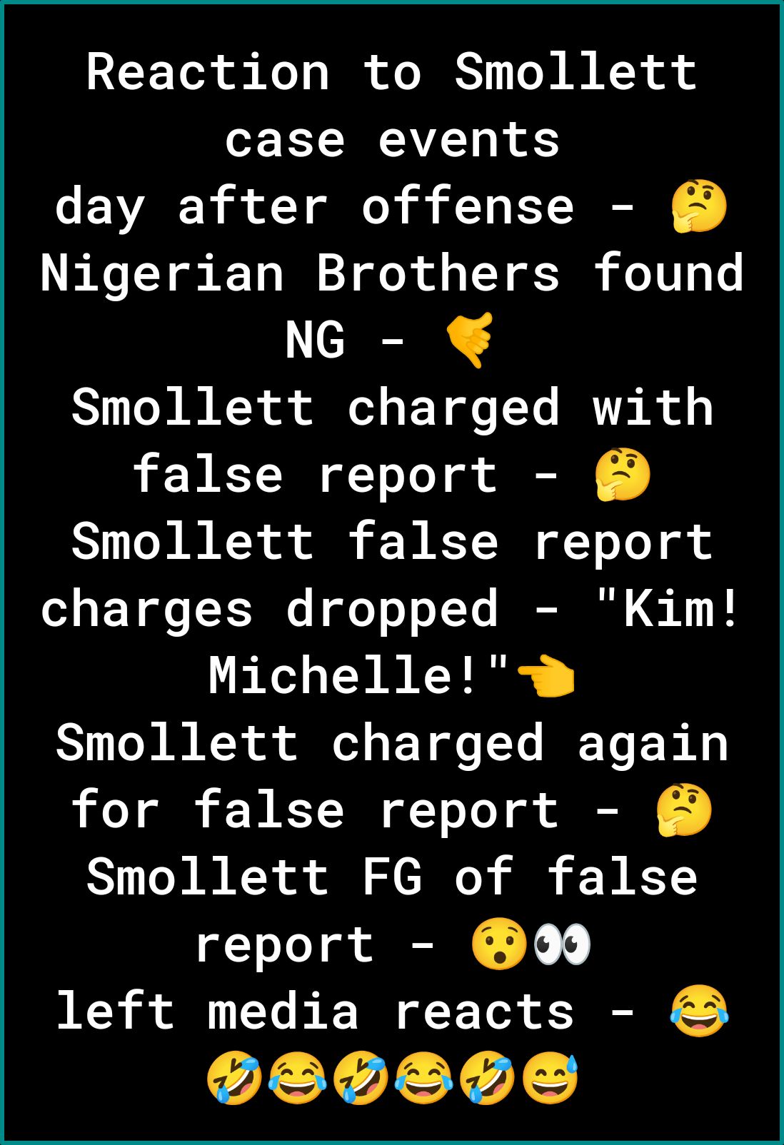 Reaction to Smollett case events day after offense Nigerian Brothers found NG o B IY o o s Y o Ye RV R ol g false report Smollett false report o F V ol o X 3 oY o o I To IEE N T Michelle Y1 o B N o o s glo T ME To E Bi A g for false report Lol B 2N o i I o S W Y report 99 left media reacts Q2S00