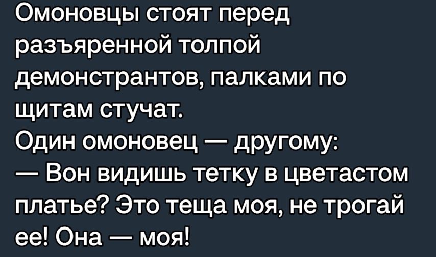 Омоновцы стоят перед разъяренной толпой демонстрантов палками по щитам стучат Один омоновец другому Вон видишь тетку в цветастом платье Это теща моя не трогай ее Она моя