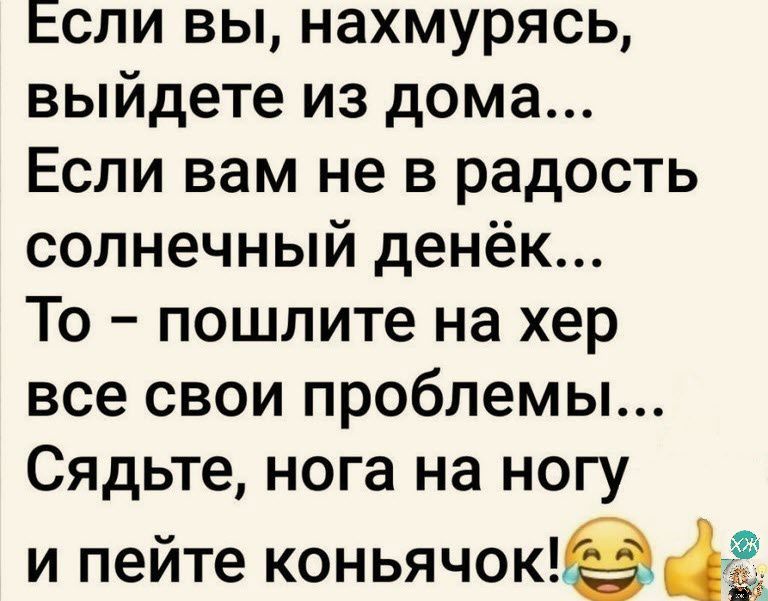 Если вы нахмурясь выйдете из дома Если вам не в радость солнечный денёк То пошлите на хер все свои проблемы Сядьте нога на ногу и пейте КОНЬЯЧОК Ё