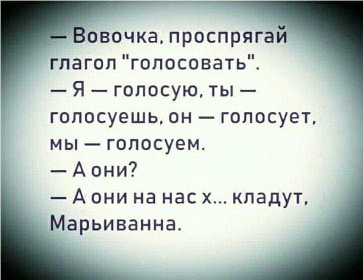 Вовочка проспрягай глагол голосовать Я голосую ты голосуешь он голосует мы голосуем Аони Аснина нас х кладут Марьиванна