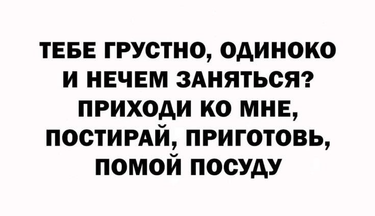 ТЕБЕ ГРУСТНО ОДИНОКО И НЕЧЕМ ЗАНЯТЬСЯ ПРИХОДИ КО МНЕ ПОСТИРАЙ ПРИГОТОВЬ ПОМОЙ ПОСУДУ